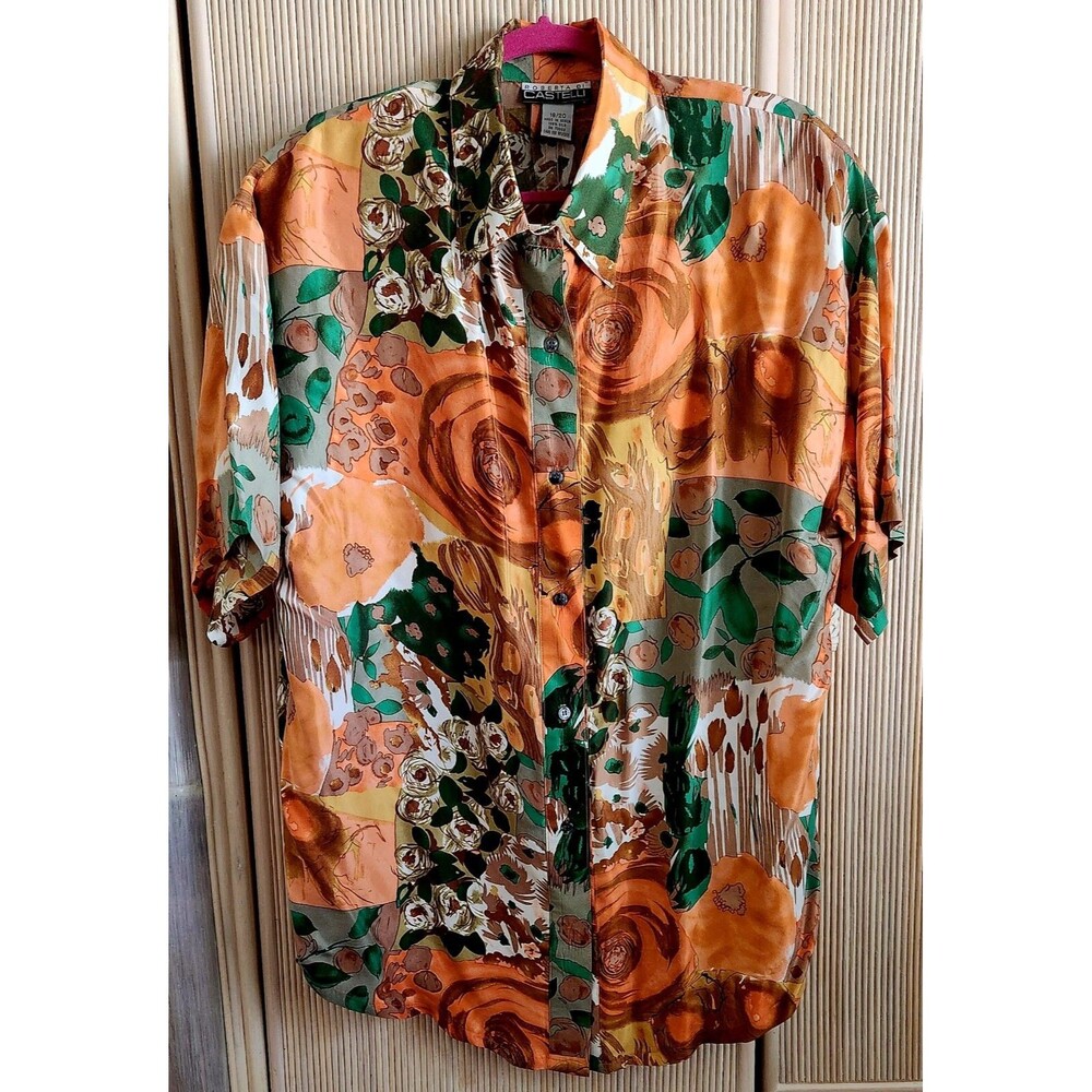 Roberta Di Castelli Women's Sz 18/20 Blouse 100% Silk Short Sleeve Button Front